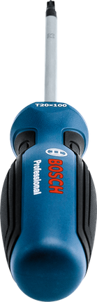 Modro-črni izvijač z mehkim ročajem, usmerjenim navzgor.